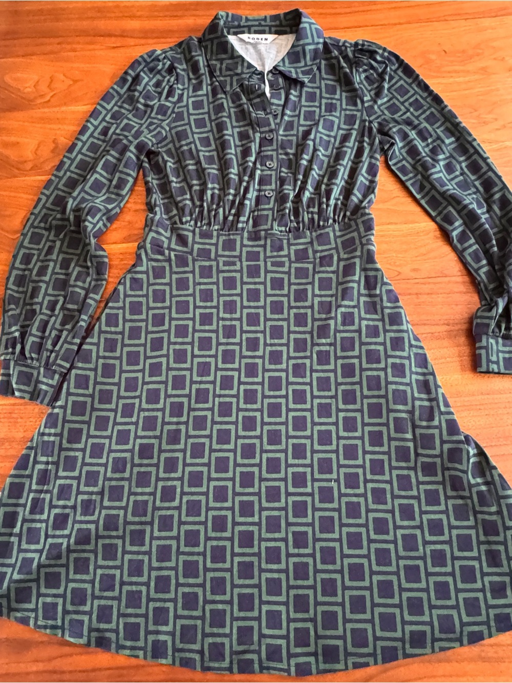 Boden Orla Short Jersey Shirt Dress Geometric Navy Green in Excellent Cond Sz 2